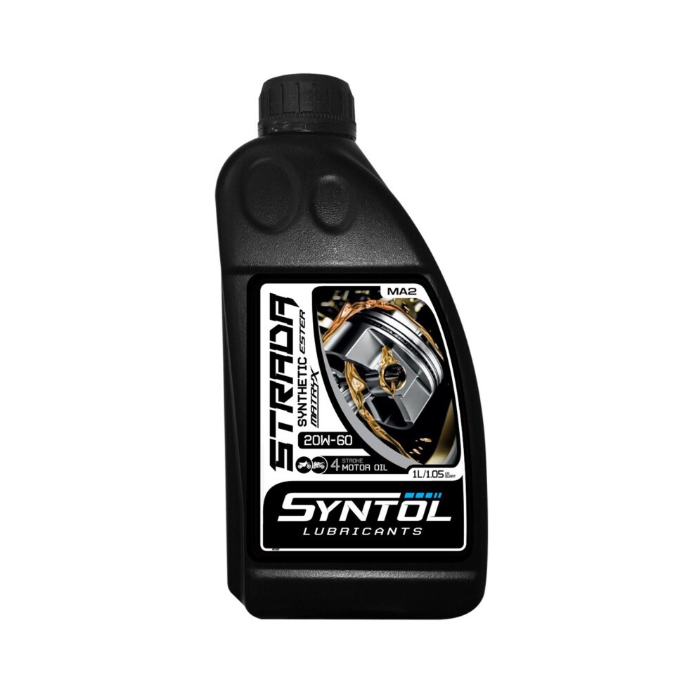 Black plastic bottle of Syntol Strada 4T 20W-60 semi-synthetic motorcycle engine oil, featuring a silver label with bold text and a logo, with a capacity of 1 liter.