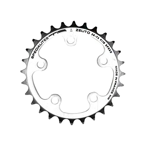 Silver 26T inner triple chainring by TA, featuring a polished finish, multiple mounting holes, and engraved branding details, designed for durability and performance.