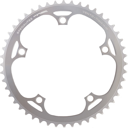 Silver 50-tooth outer chainring with a 135 BCD, featuring a smooth finish and five mounting holes, designed for high-performance cycling.