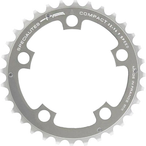 Silver 32-tooth middle chainring with a 94 BCD, featuring five arms and engraved markings, made of aluminum, designed for compact bike setups.