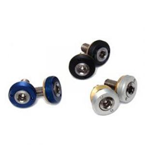 Silver TA self-extracting crank bolts with a dust cap, featuring a sleek metallic finish and a rounded design, alongside blue and black variants.