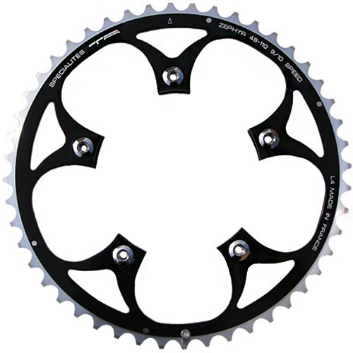 Black TA Zephyr 110 BCD chainring with 48 teeth, featuring a sleek design, five bolt holes, and a polished finish, ideal for enhancing bicycle performance.