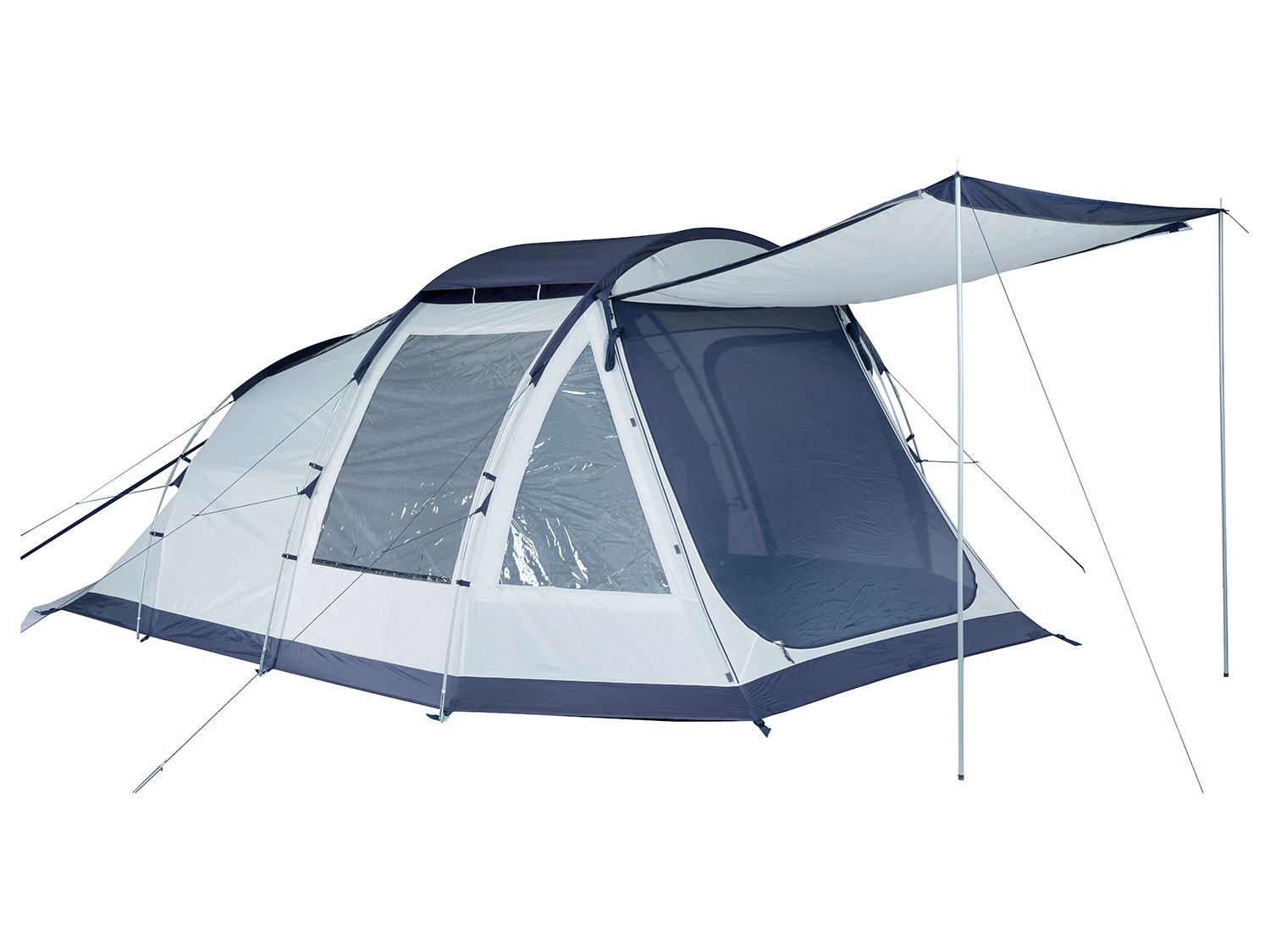 Gray and blue family tunnel tent for five people, featuring a spacious design, large mesh windows, and a canopy for shade, made from durable materials for outdoor use.