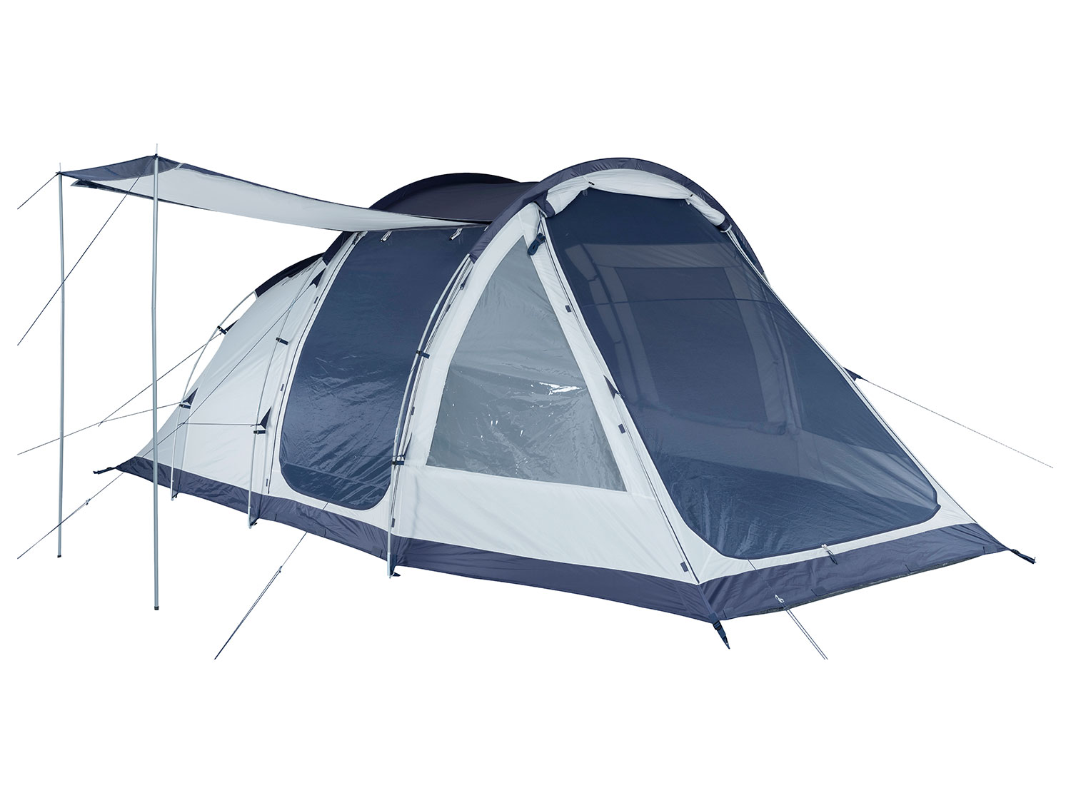 Gray and blue family tunnel tent for six people, featuring a spacious design, large mesh windows for ventilation, and a canopy for extra shade.