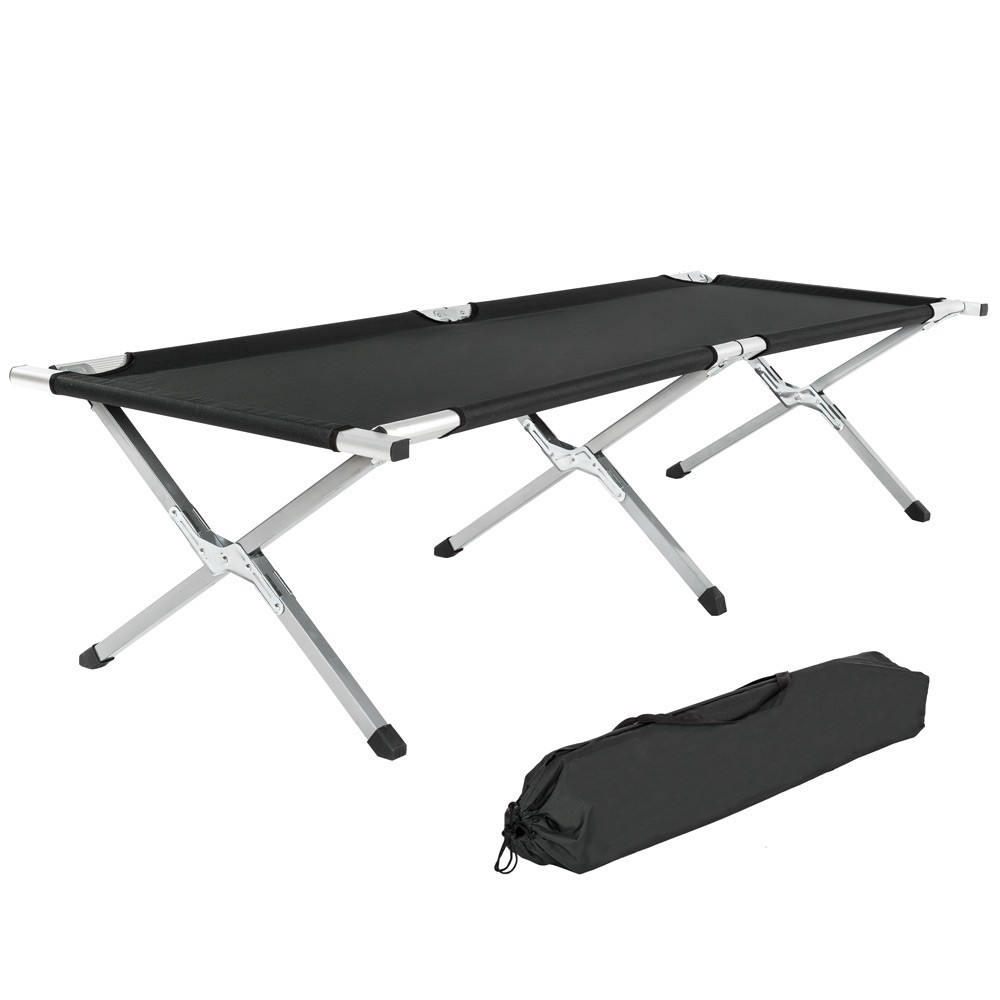 Three black aluminum camping beds with a sturdy frame and a fabric sleeping surface, accompanied by a compact black carrying bag.
