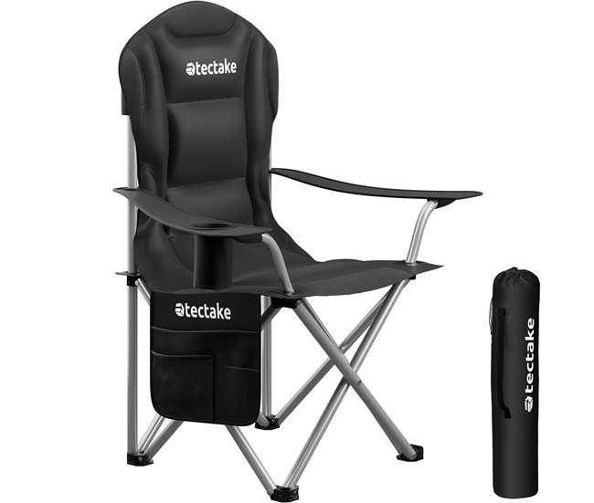 Black padded camping chair with a foldable design, featuring a cup holder and side pocket, alongside a compact carrying bag.