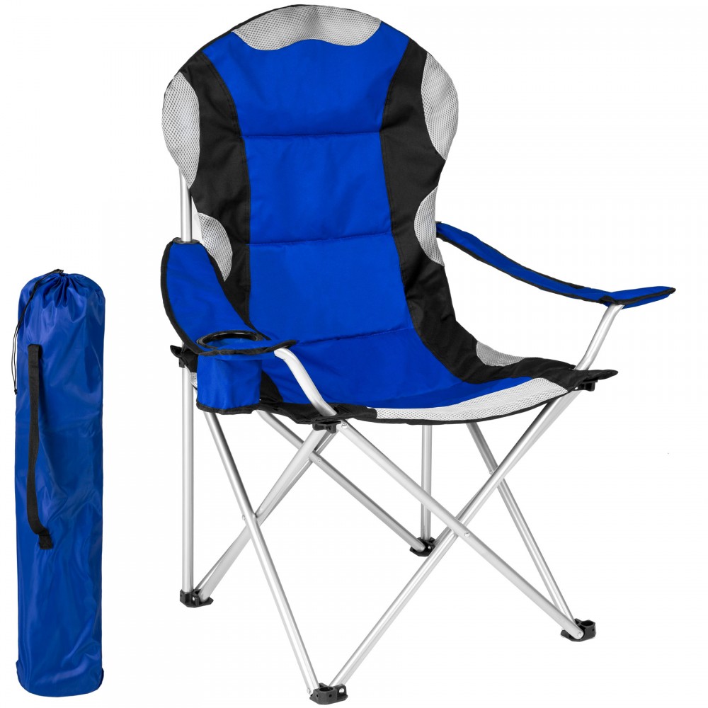 Padded blue camping chair with black accents and mesh panels, featuring a sturdy foldable design and a matching carrying bag for easy transport.