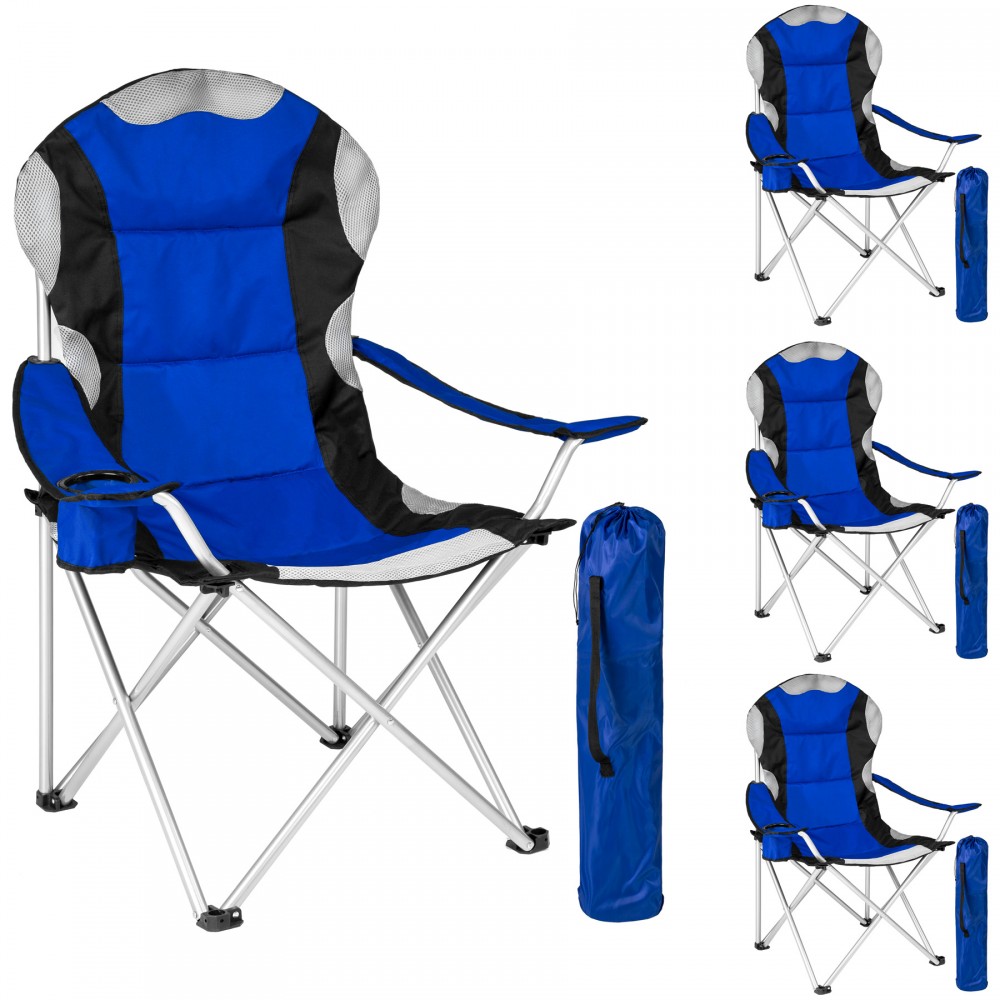Four padded camping chairs in blue and black, featuring a mesh backrest, foldable design, and a matching carry bag for easy transport.
