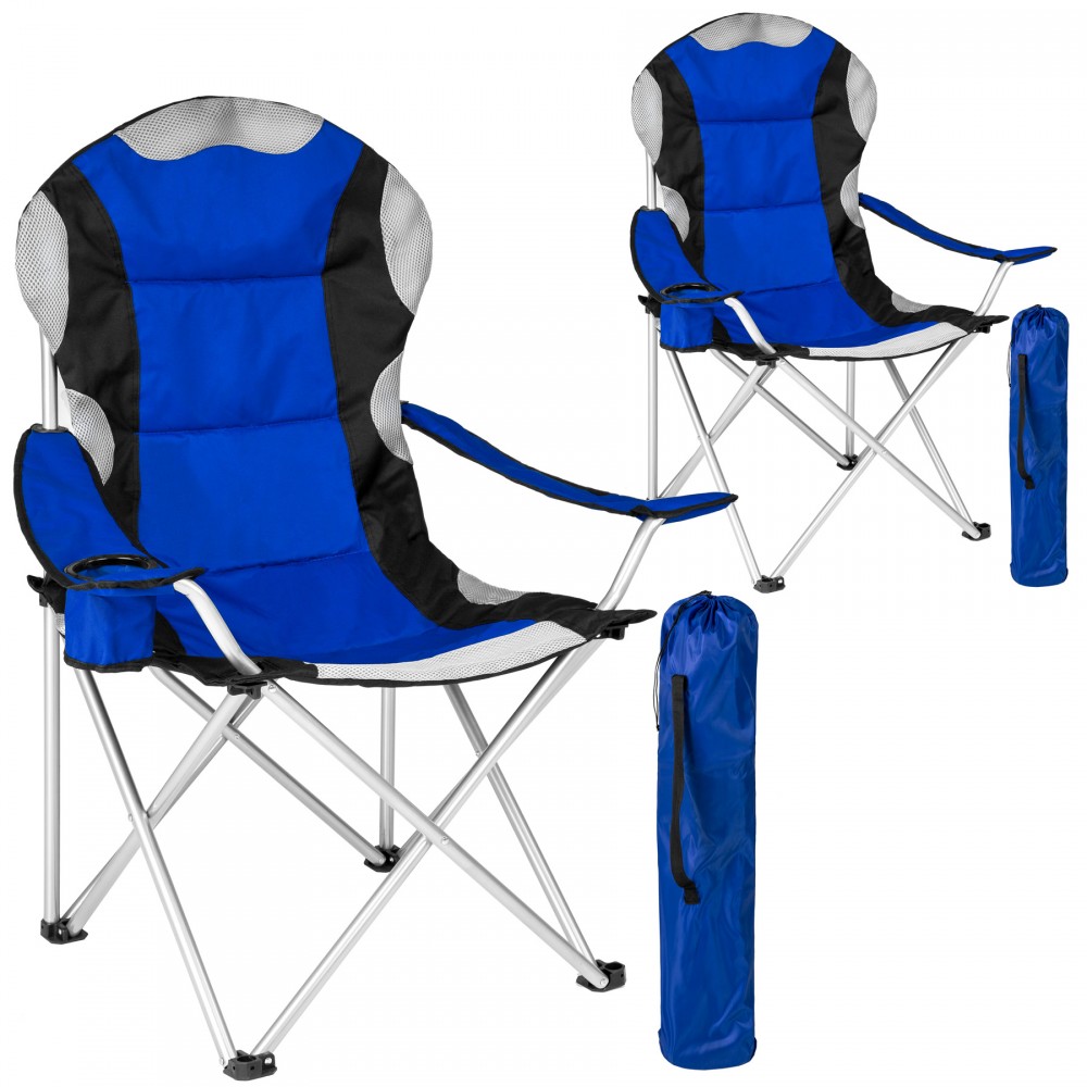 Two blue and black padded folding camping chairs with a mesh backrest, lightweight design, and a matching blue carry bag for easy transport.