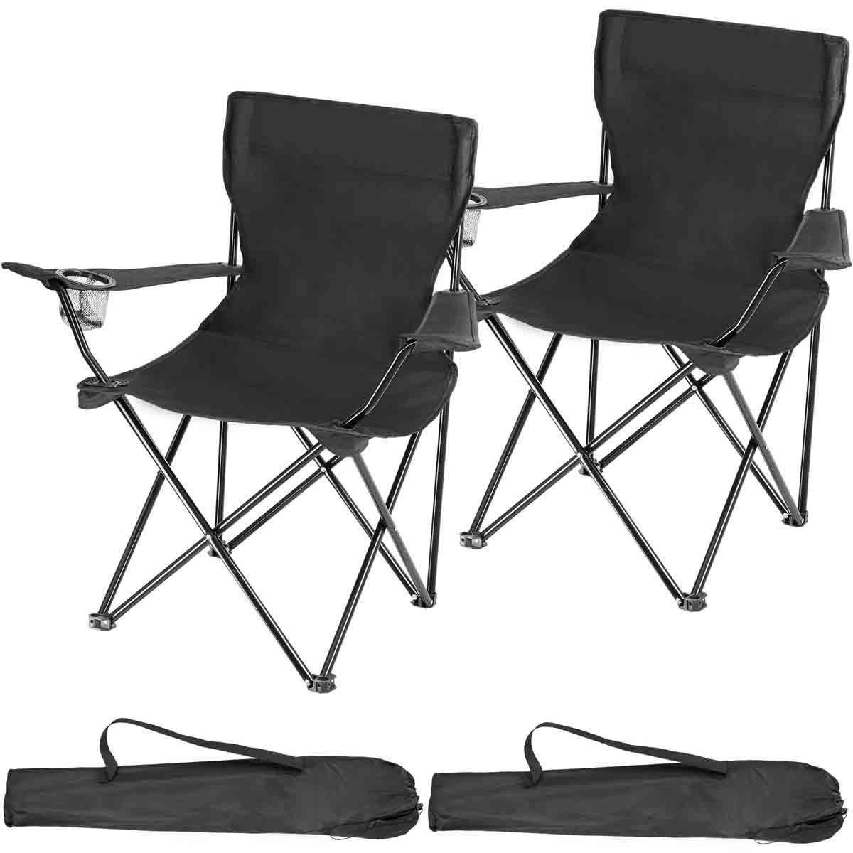 Two black camping chairs with a sturdy metal frame, featuring armrests and a compact foldable design, accompanied by a matching carry bag.