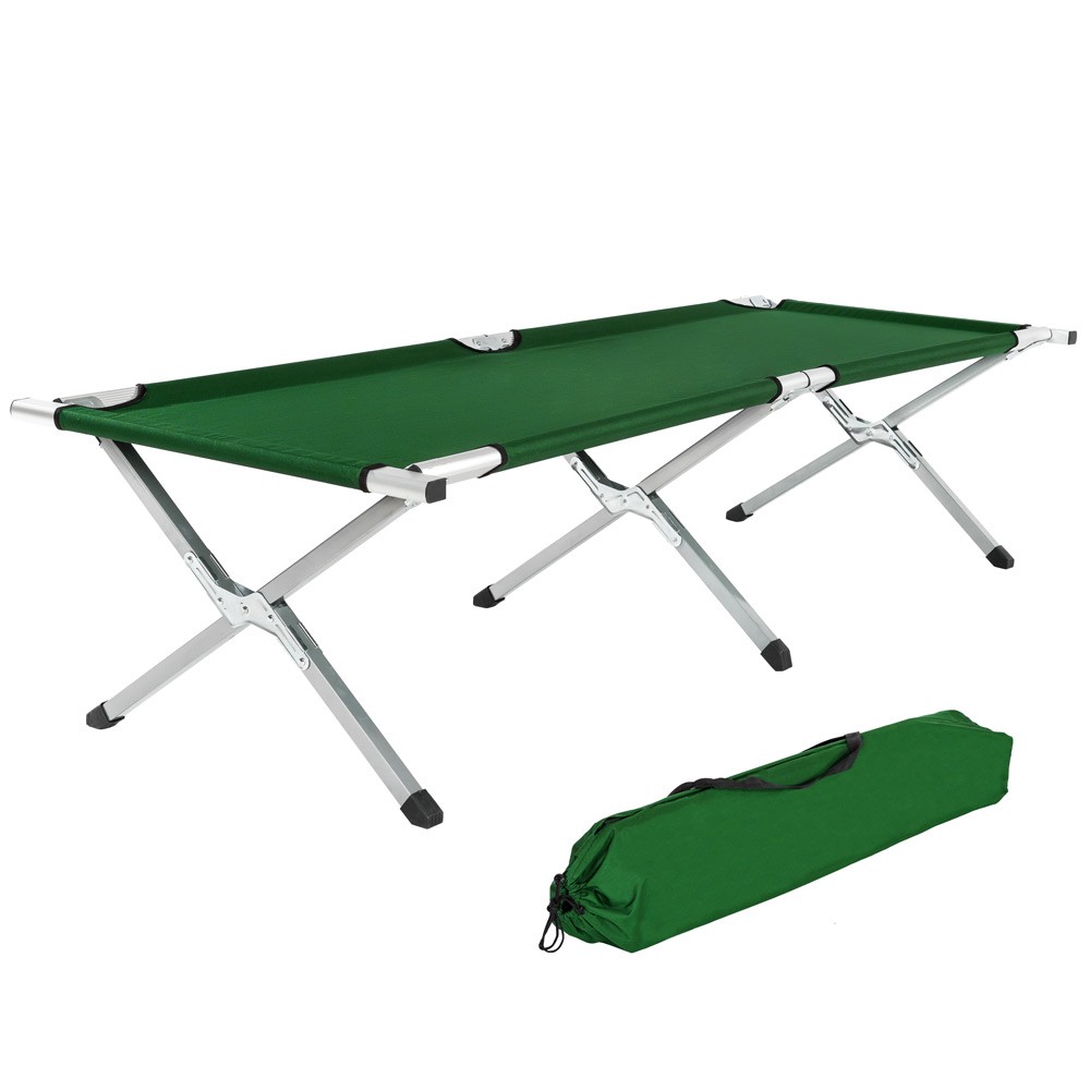 Four green camping beds made of durable aluminum, featuring a sturdy frame and a foldable design, accompanied by a matching green carrying bag.