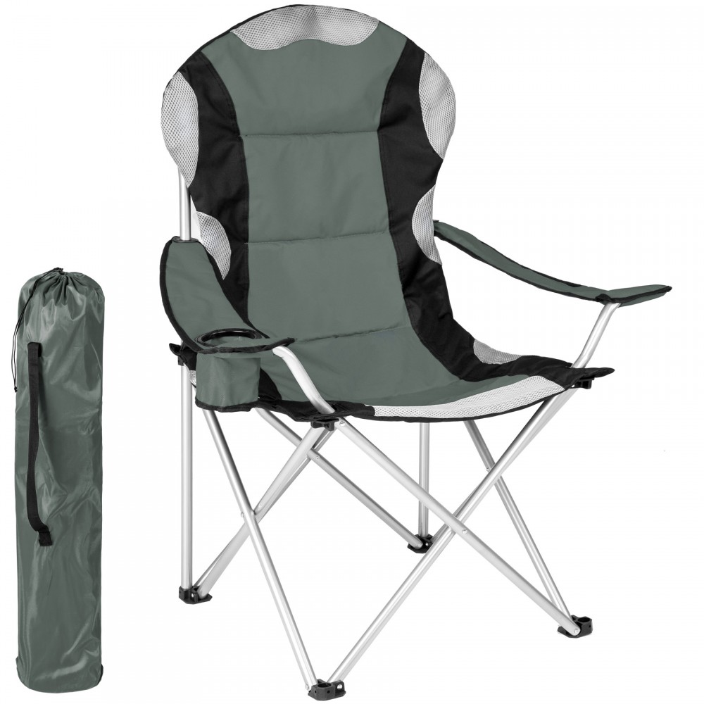 Padded grey camping chair with black accents, featuring a mesh back, armrests, and a foldable design, accompanied by a matching carrying bag.
