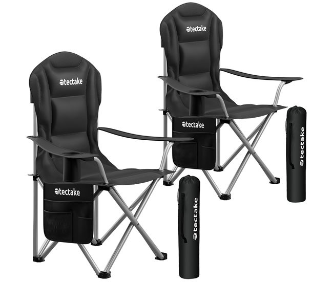 Two black padded foldable camping chairs with side pockets and cup holders, featuring a sturdy metal frame and a compact storage bag.