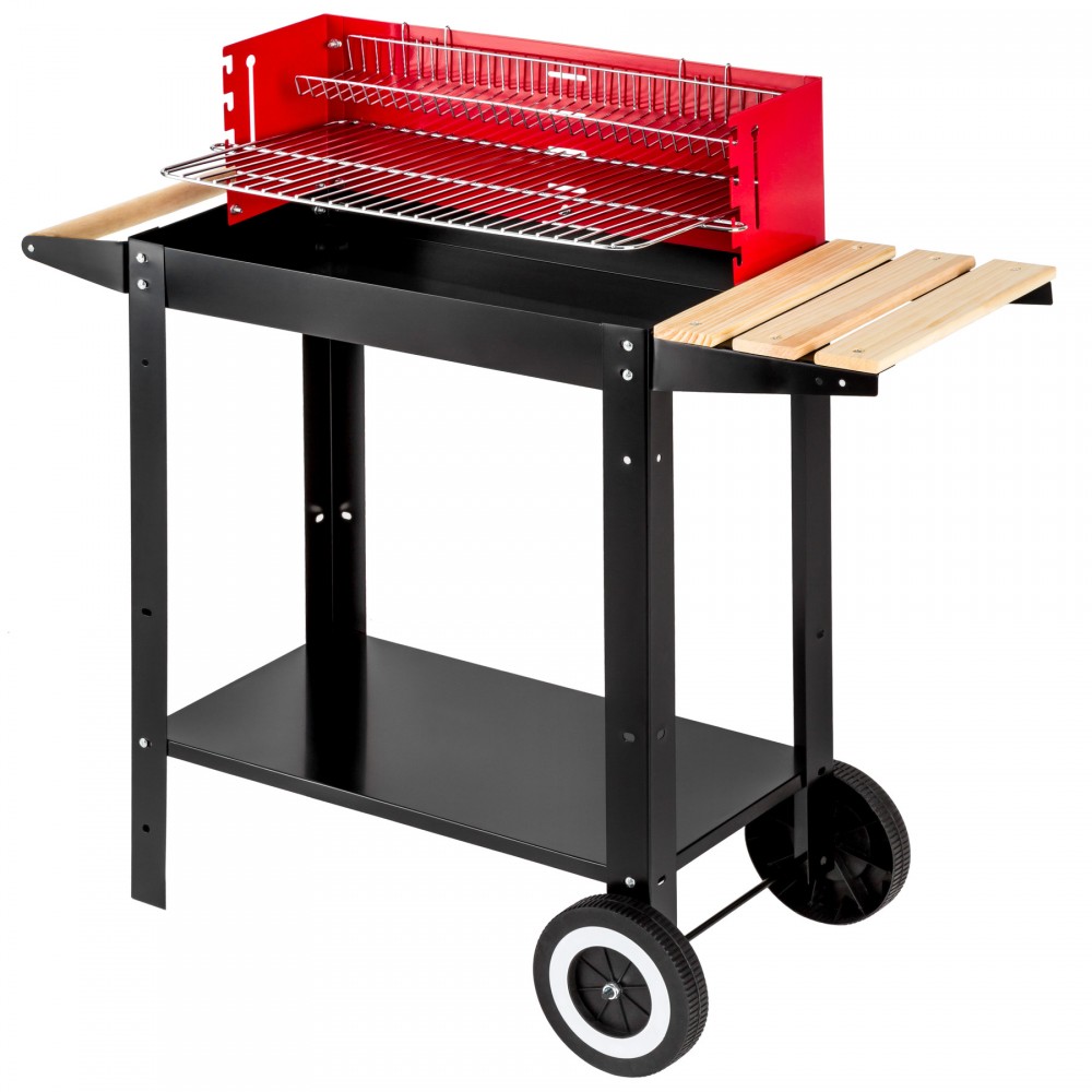 Red Tectake BBQ grill with a metal body, wooden side shelves, a lower storage shelf, and wheels for mobility, featuring a grill rack and an open design for easy access.
