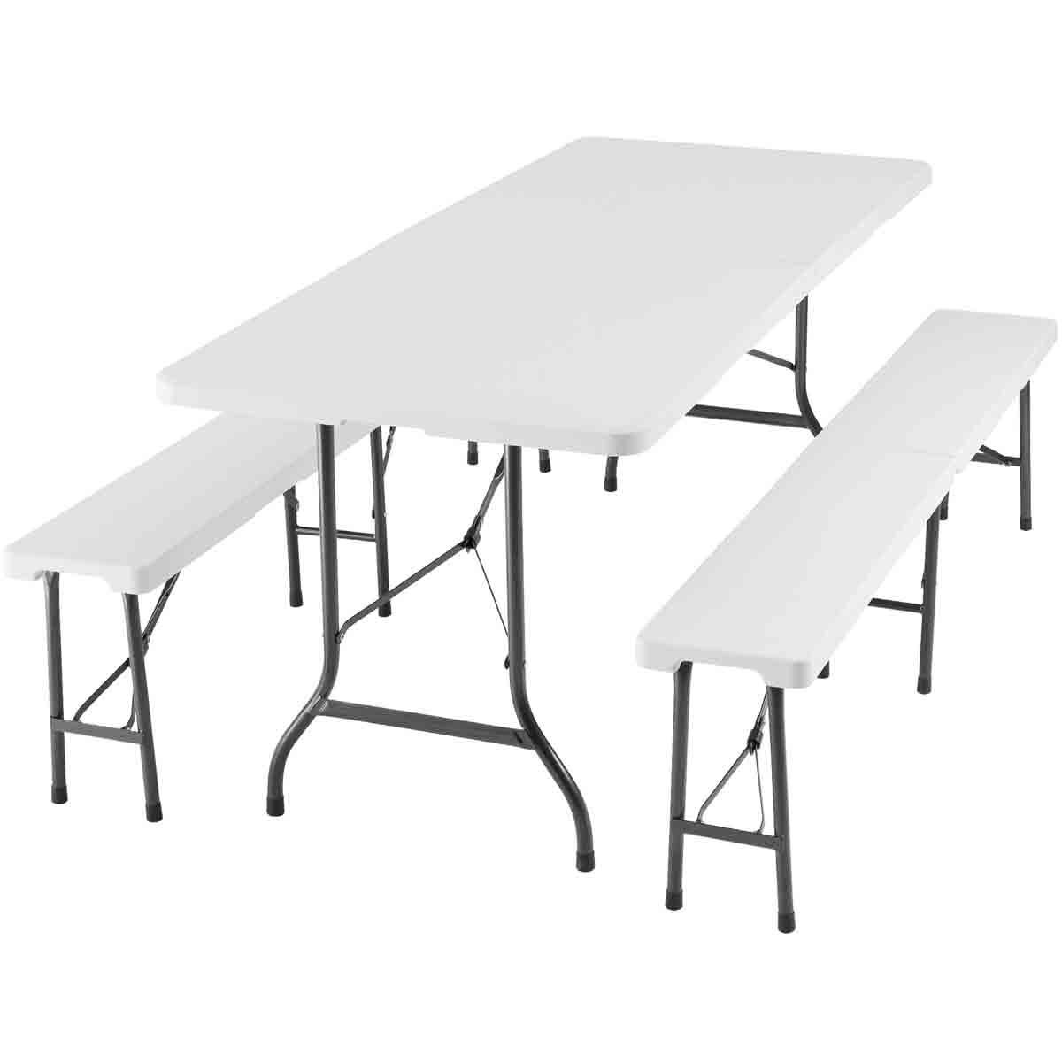 White folding dining table and two matching benches with black metal frames, designed for easy setup and storage, ideal for outdoor or indoor use.