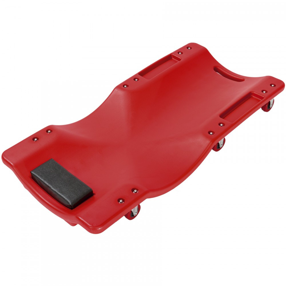 Red plastic car creeper with a smooth surface, padded headrest, and six swivel wheels for easy movement under vehicles.
