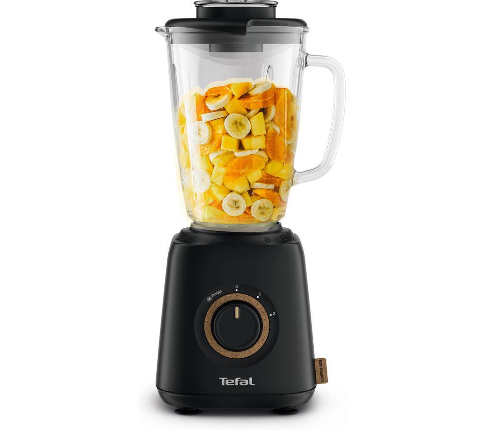 Tefal Respect BL46EN40 blender in black with a transparent 1.75L jar filled with chopped fruits, featuring a wooden dial for speed control and a sturdy base.