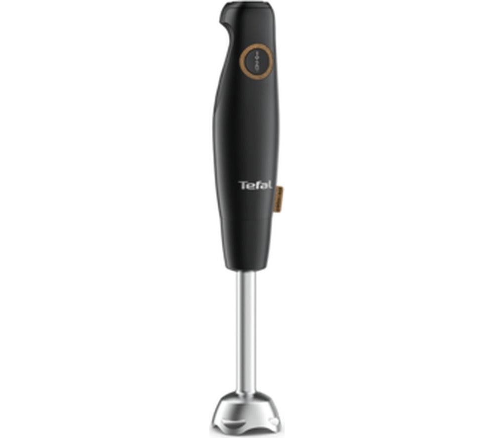 Black Tefal Eco Respect HB46E840 hand blender with a sleek design, featuring a stainless steel blending shaft and a comfortable grip for easy handling.