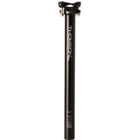 Black Thomson Elite Seatpost with white logo, sleek design, and adjustable clamp mechanism.