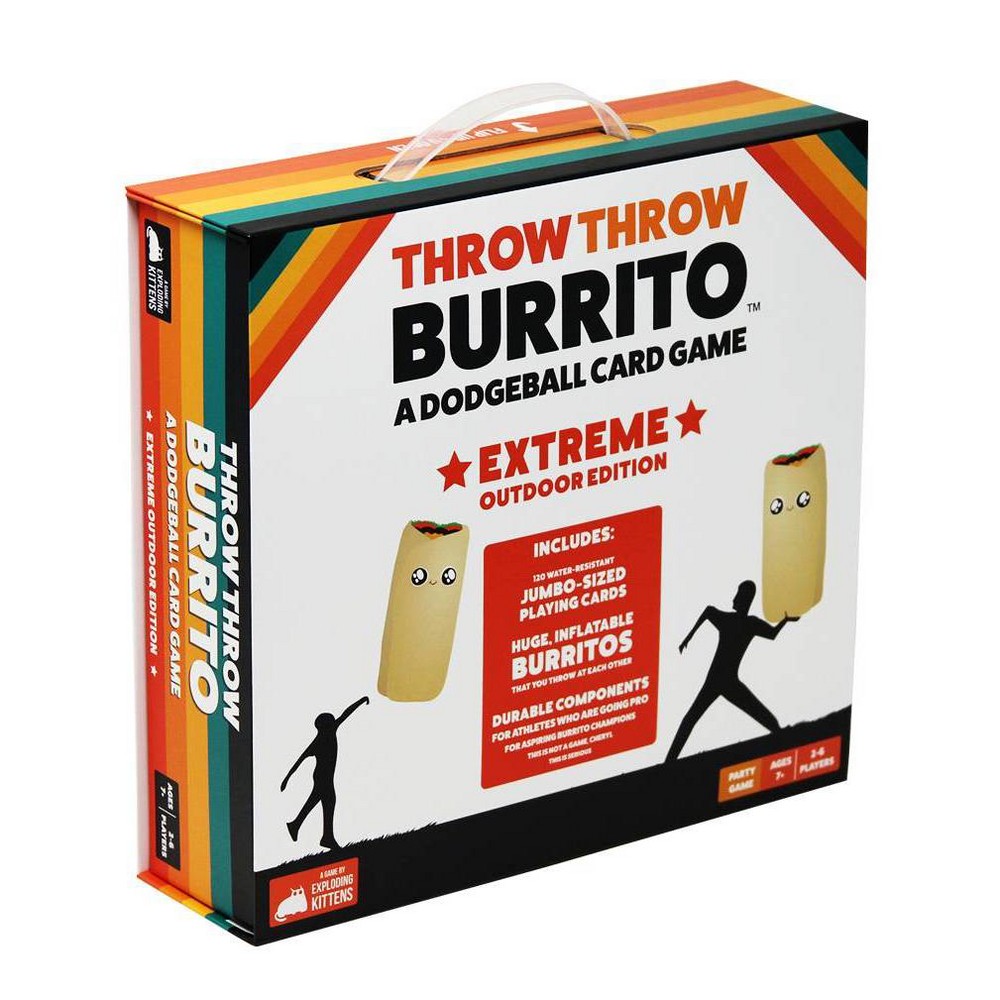 Colorful box featuring "Throw Throw Burrito" branding, with a bold "Extreme Outdoor Edition" label, includes jumbo-sized burrito toys and playing cards, designed for outdoor fun.