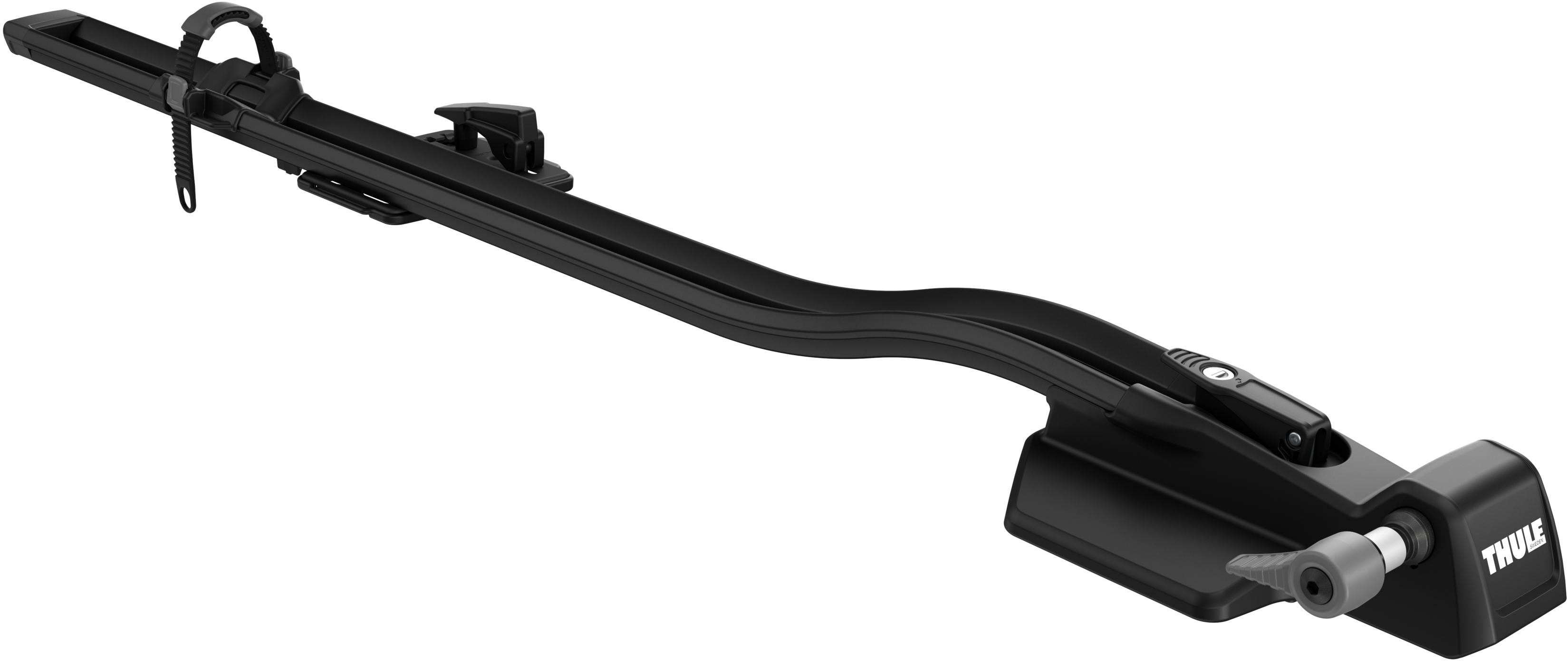 Black Thule FastRide 564 roof-mounted bike rack with sleek aerodynamic design and adjustable wheel straps.