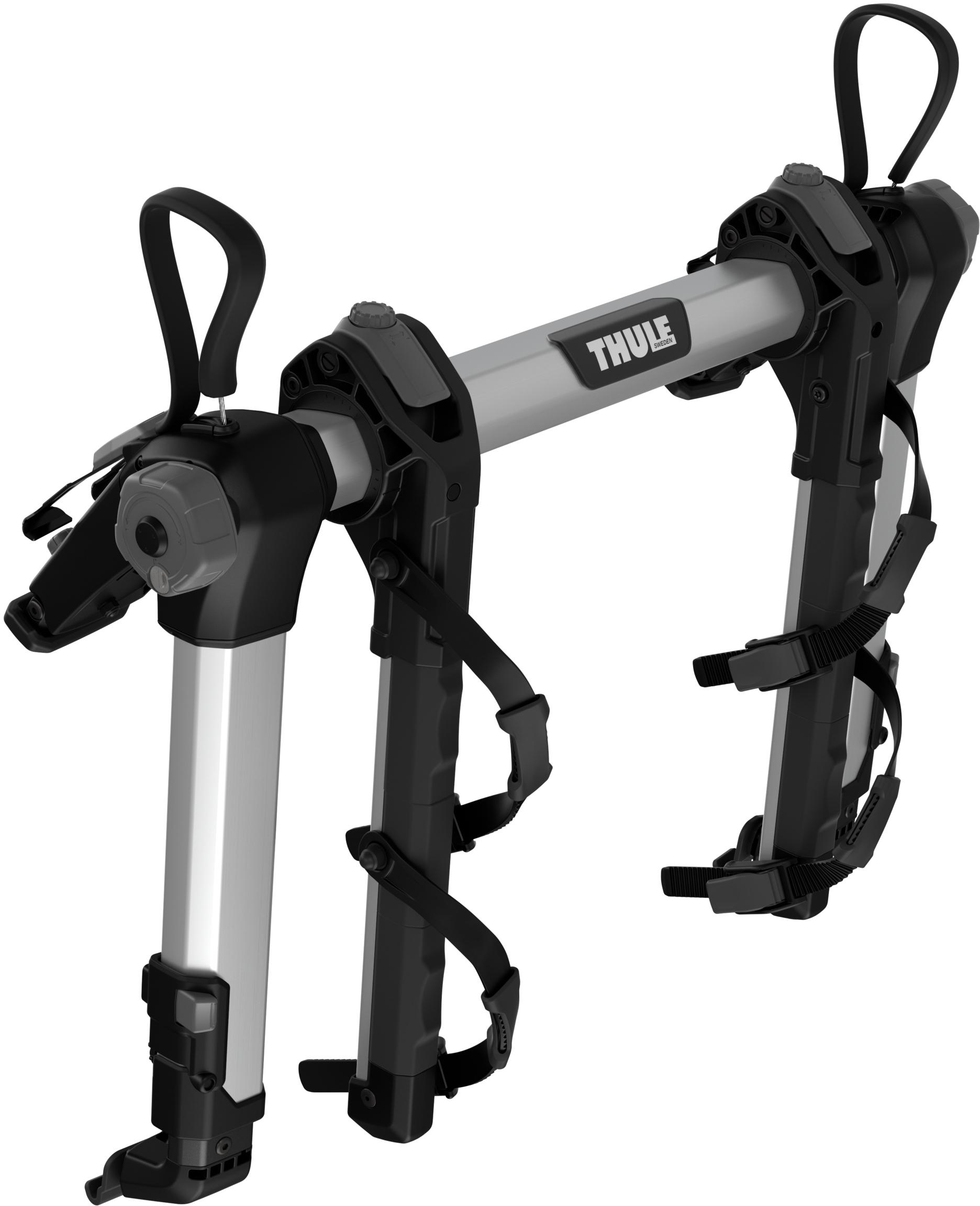 Thule OutWay Hanging Rear 2-Bike Rack, silver and black with adjustable straps and padded hooks.