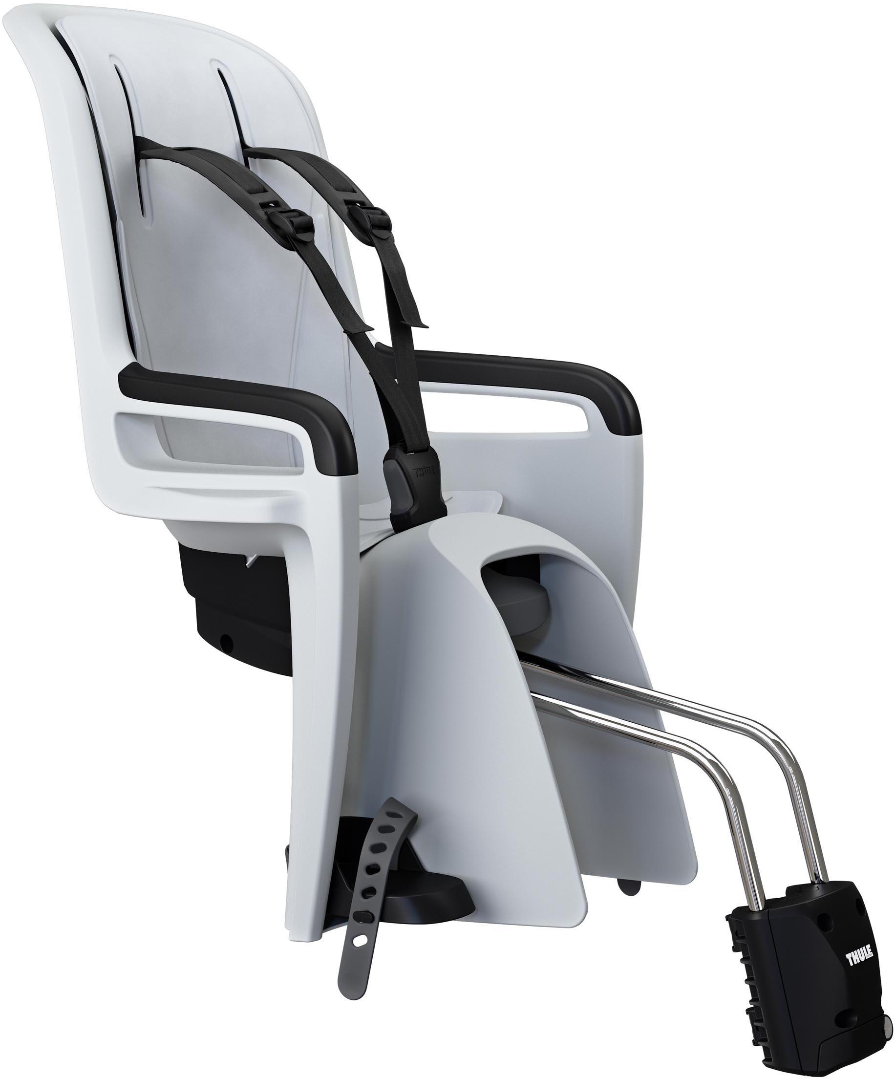 Light grey Thule Ride Along 2 child bike seat with black harness, adjustable footrests, and sleek design.