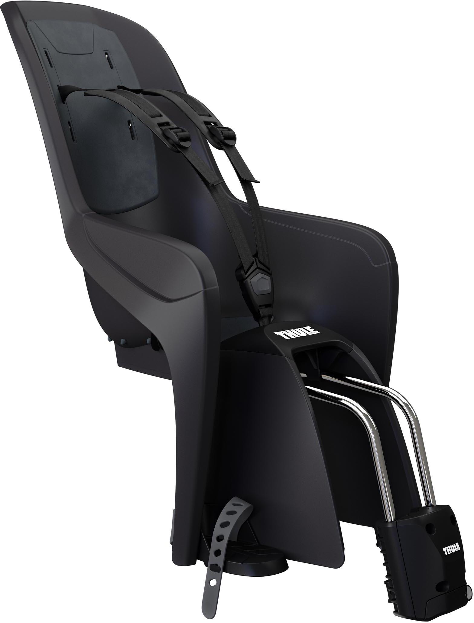 Dark grey Thule child bike seat with adjustable straps, padded backrest, and silver mounting bars.