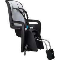 Dark grey Thule RideAlong 2 child bike seat with padded backrest, adjustable straps, and footrests.
