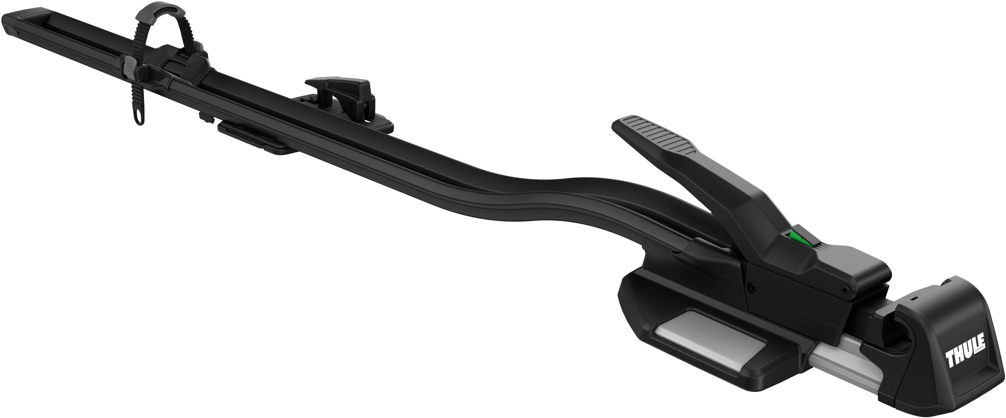 Black Thule TopRide 568 roof-mounted bike rack with sleek aerodynamic design and adjustable wheel holders.
