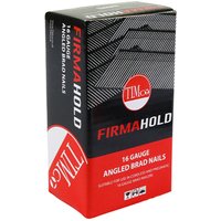 TIMCO Firmahold box of 16G angled brad nails, red and black packaging with product details in white text.