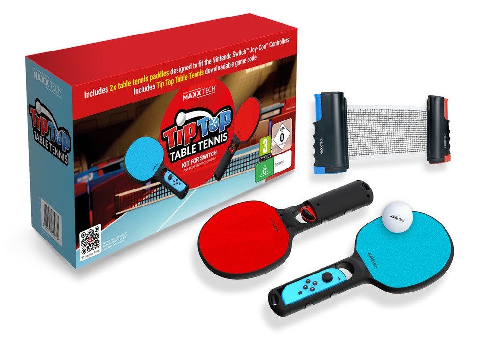 Tip-Top Table Tennis Kit for Nintendo Switch includes two paddles in red and blue, a white ping pong ball, a net, and Joy-Con controller attachments, packaged in a colorful box.