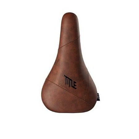 Dark brown MTB saddle with a sleek, ergonomic shape, featuring stitched detailing and a subtle Title MTB logo on the side.