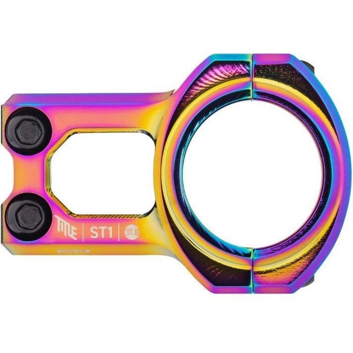 Title MTB ST1 stem in an oil slick finish, featuring a 31.8mm clamp diameter, 35mm length, and two black bolts for secure attachment.