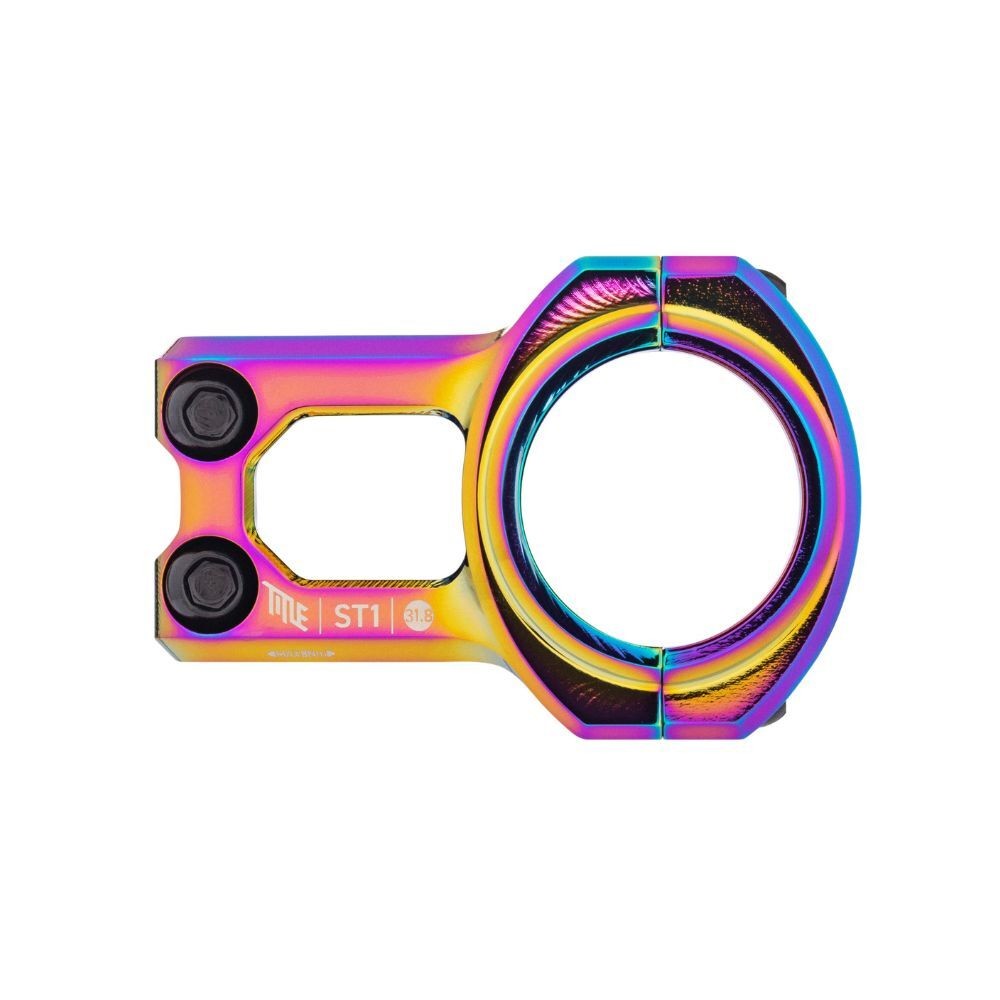 Title MTB ST1 stem in an oil slick finish, featuring a 35mm clamp diameter, 40mm length, and two black bolts for secure attachment.