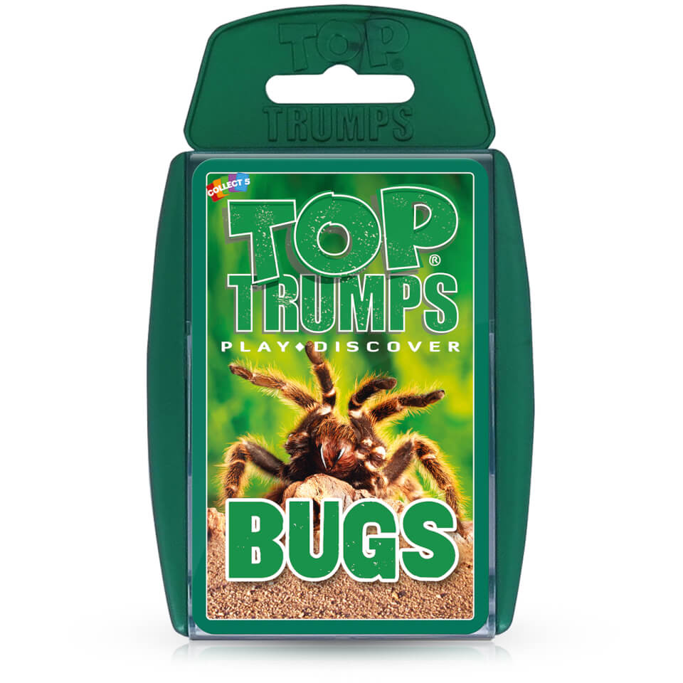 Green plastic card case featuring "TOP TRUMPS" logo and "BUGS" title, with an image of a tarantula on a sandy background, designed for the Bugs Edition card game.