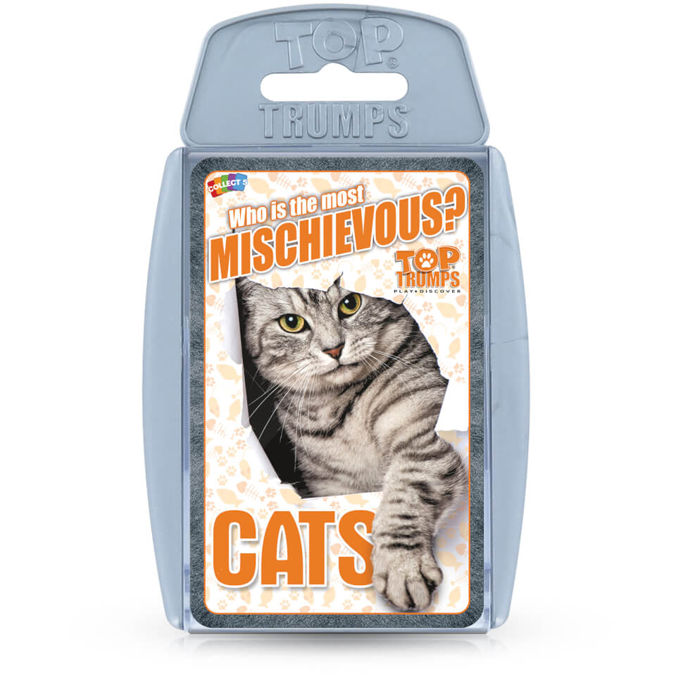 Top Trumps Classics Cats Edition features a grey tabby cat on the front, with bold orange text asking "Who is the most MISCHIEVOUS?" against a white background.