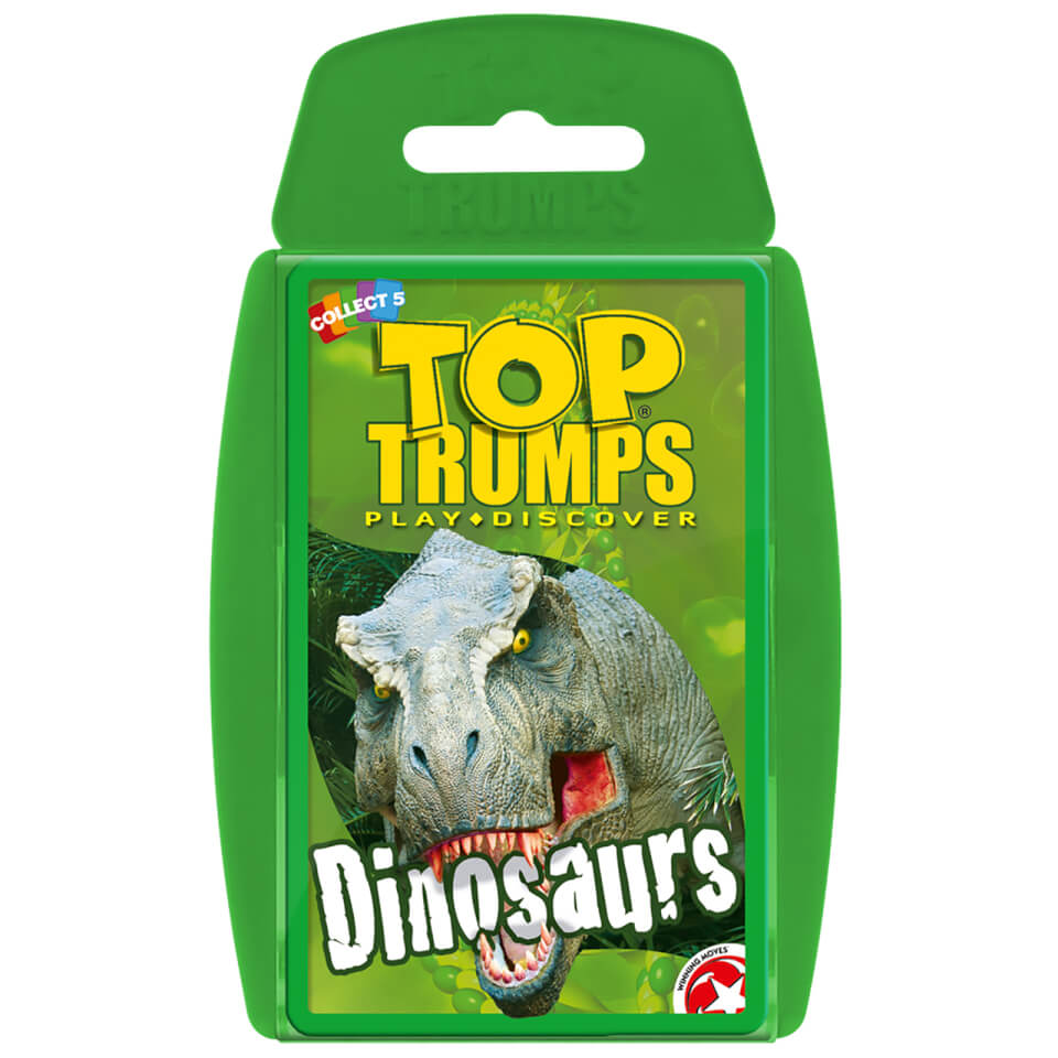Bright green plastic case featuring "Top Trumps" logo and a fierce dinosaur graphic, labeled "Dinosaurs," showcasing vibrant colors and a playful design.