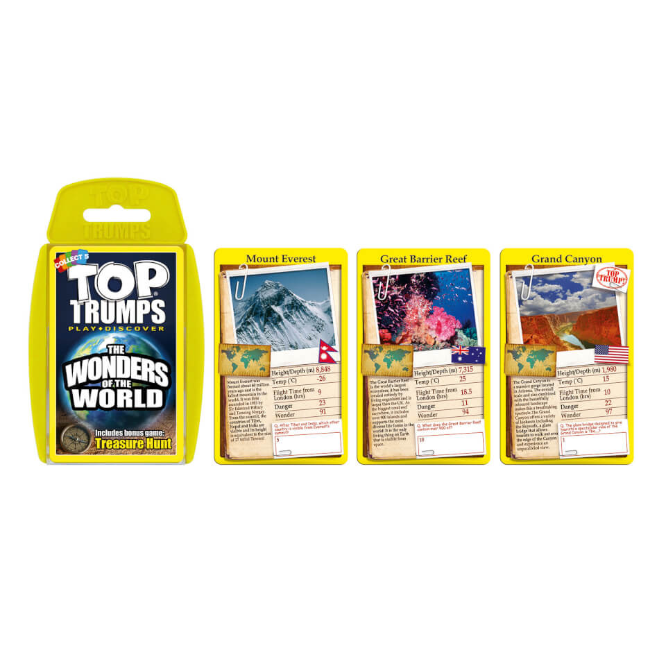 Colorful card game featuring the "Wonders of the World" theme, with a bright yellow box and three cards showcasing Mount Everest, Great Barrier Reef, and Grand Canyon.