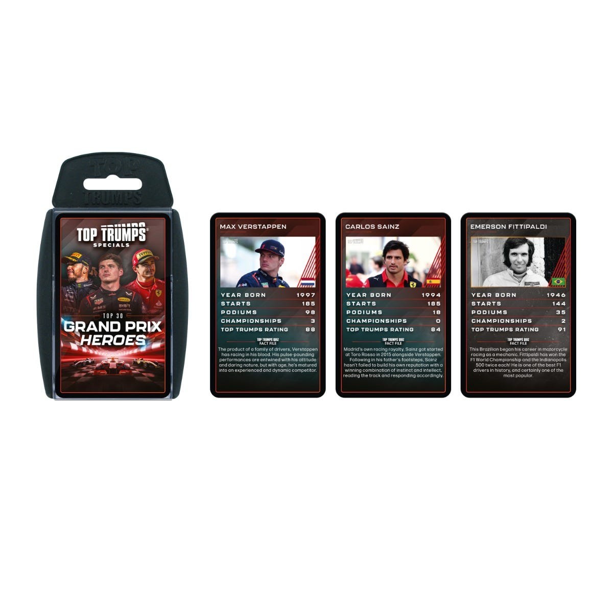 Top Trumps Grand Prix Heroes card game featuring a black box with red accents and three character cards showcasing racing drivers with stats and images.