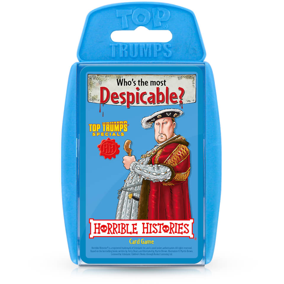 Bright blue plastic packaging featuring a cartoon king with a scepter, labeled "Horrible Histories Card Game" and "Top Trumps Specials," with the tagline "Who's the most Despicable?"