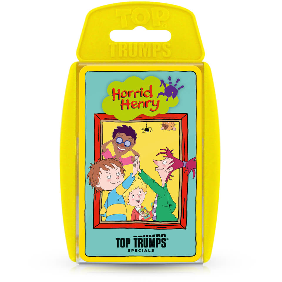 Bright yellow plastic case featuring "Horrid Henry" artwork, showcasing colorful cartoon characters and the Top Trumps logo at the bottom.
