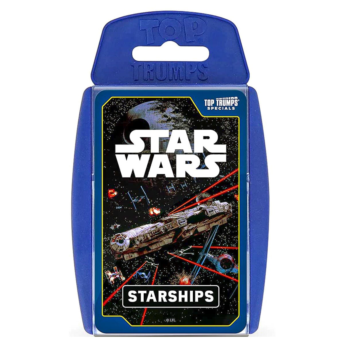 Blue cardboard box featuring "STAR WARS" in bold white letters and "STARSHIPS" below, with an illustration of a spaceship and a space background filled with stars and red laser beams.