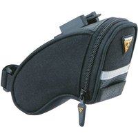 Black Topeak Aero Wedge Saddle Bag with QuickClick, reflective strip, and zippered compartment.