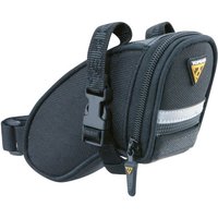 Black Topeak Aero Wedge Saddle Bag with straps, reflective strip, and zippered compartment.