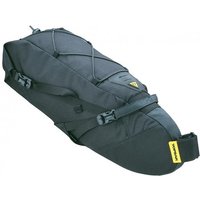 Black Topeak Backloader Saddle Bag with adjustable straps, yellow logo tag, and bungee cord on top.