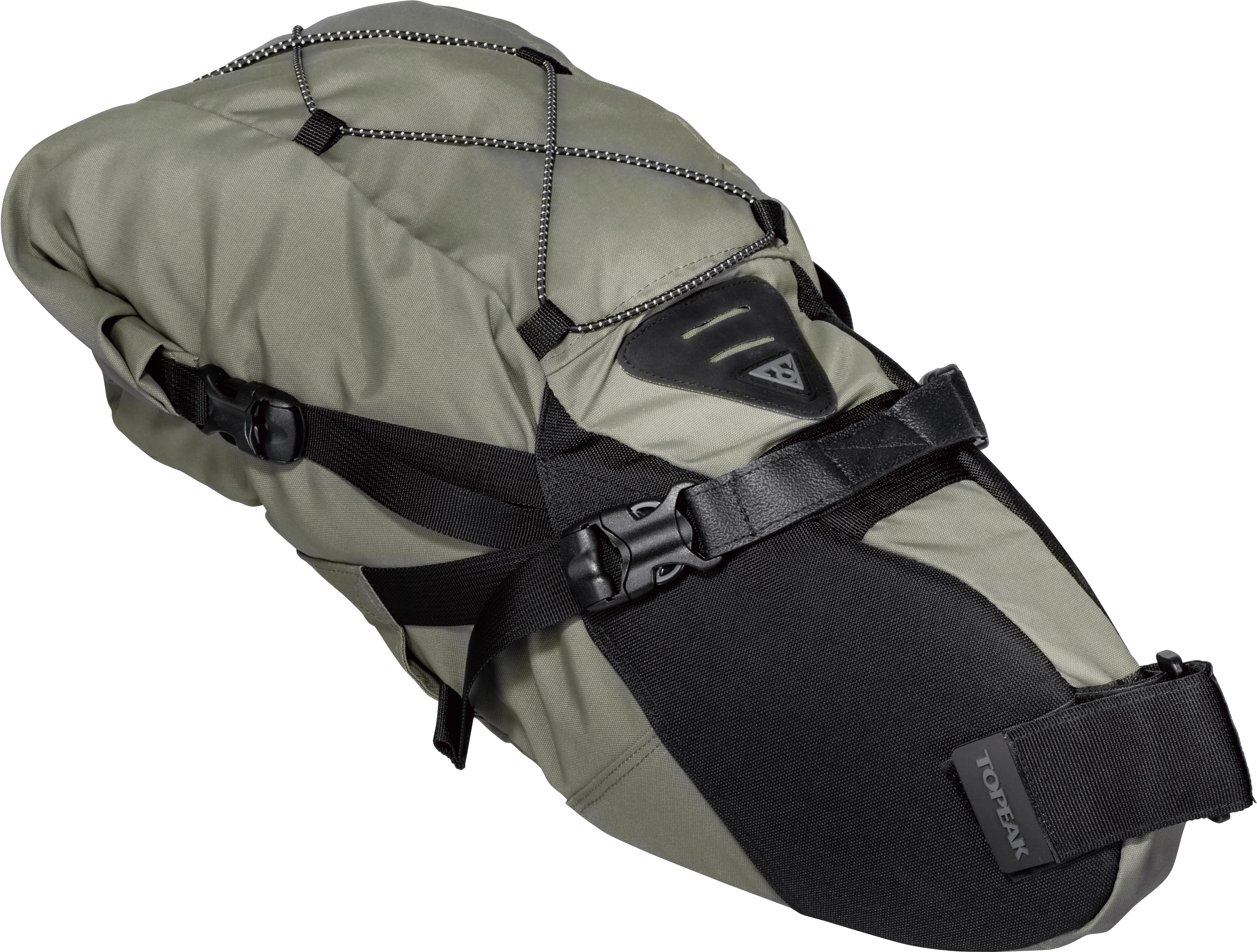 Green Topeak bike packing backloader bag, 15L, with black straps, bungee cords, and Topeak logo on the side.