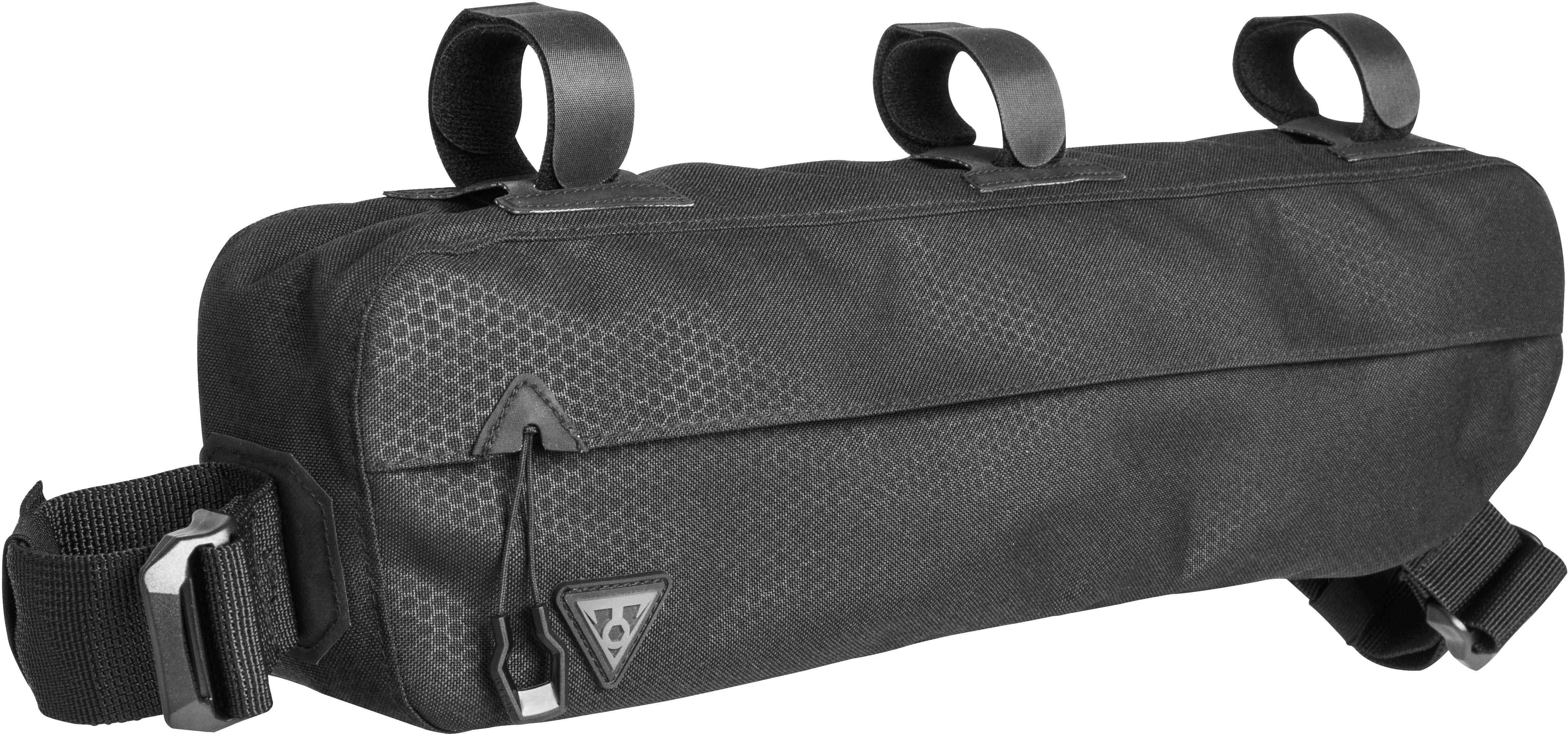 Black Topeak Bike Packing Midloader Bag, 4.5L, with three attachment straps and a triangular logo on the side.