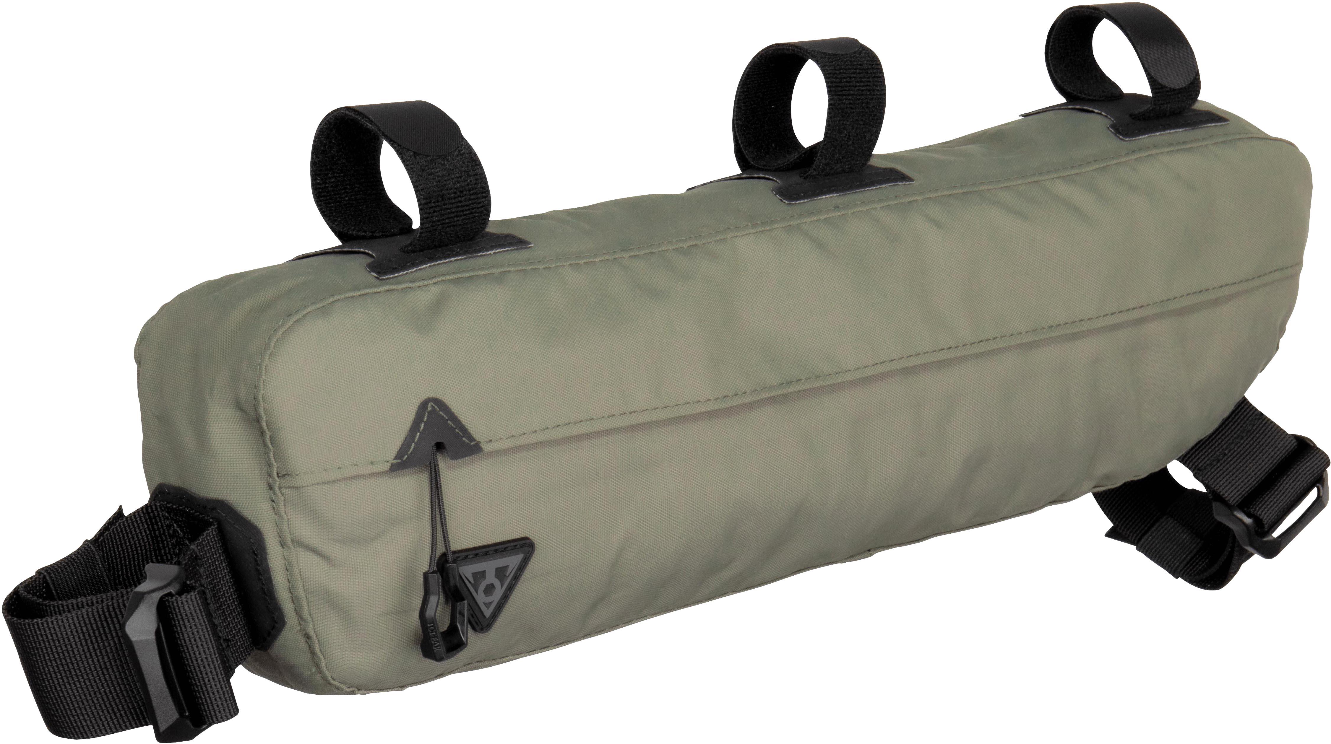 Green Topeak Bike Packing Midloader Bag, 4.5L, with black straps and zipper, designed for frame mounting.