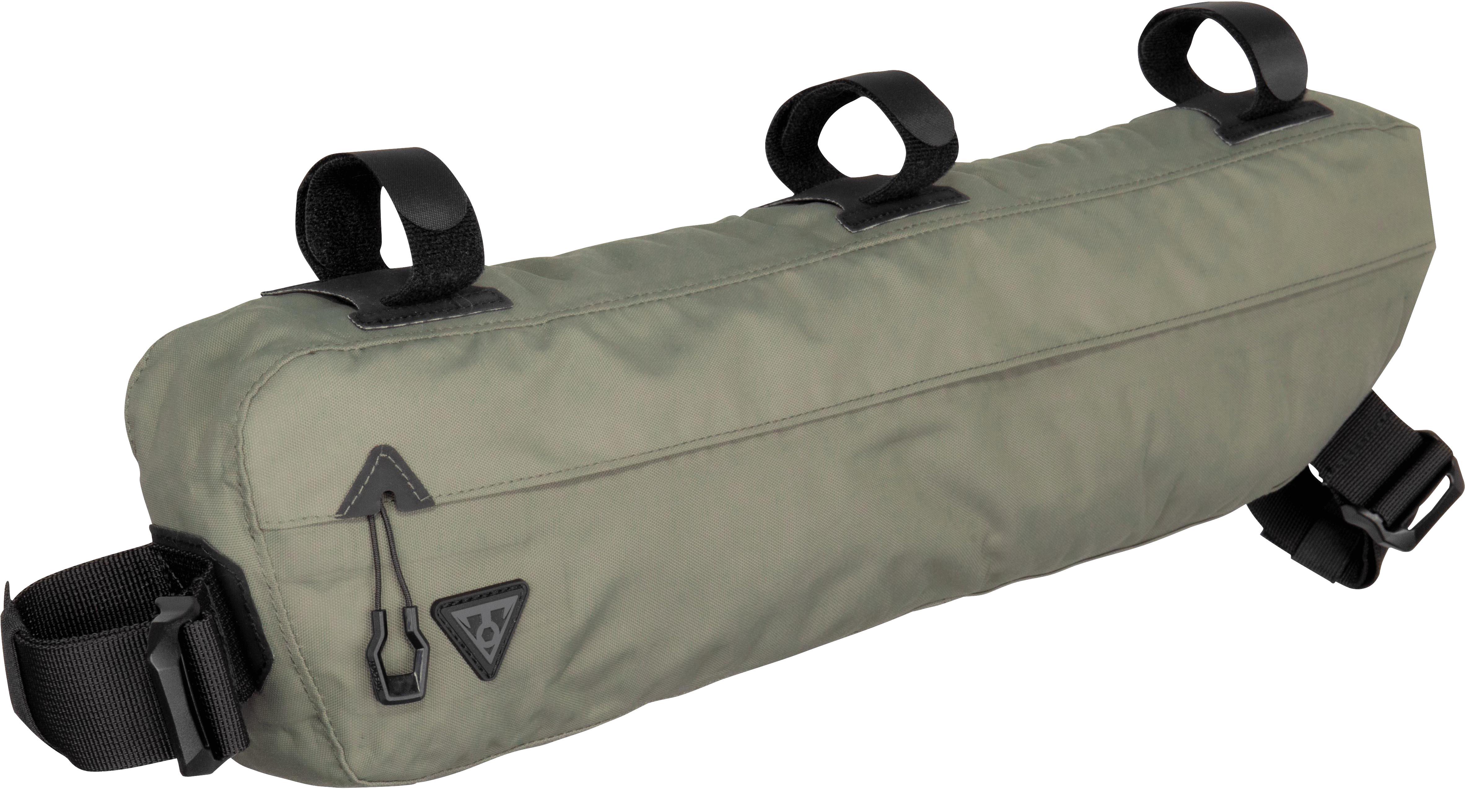 Green Topeak Bike Packing Midloader Bag, 6L, with black straps and zipper, designed for frame mounting.